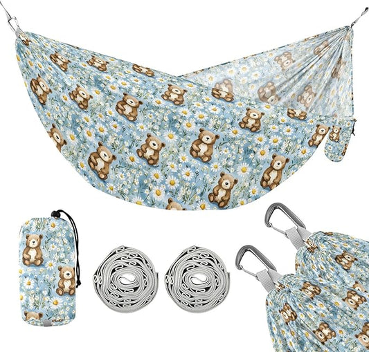 Camping Hammock Outdoor Hammocks for Outside Bear Daisy Flower Beach Trees Portable Lightweight with Pockets Tree Straps Indoor