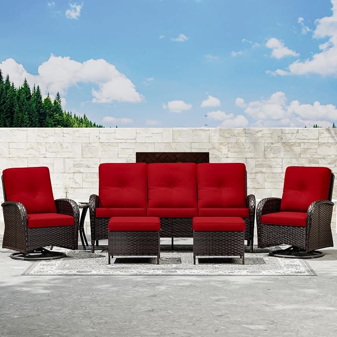 Joyside Wicker Patio Furniture Set, 6 Piece Outdoor Furniture Set with Thickened Cushions, High Back, Deep Seating, Wide Armrest, Outdoor Swivel Rocker Chairs for Porch, Deck