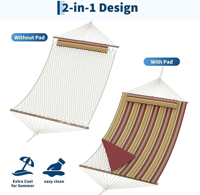 Takywep 2 Person Hammock with Polyester-Cotton Pad, 12FT Double Hammock with Wooden Spreader Bar, Removable Pillow, 450LBS Capacity, 2-in-1 Outdoor Hammock for Patio, Garden, Beach (No Stand)