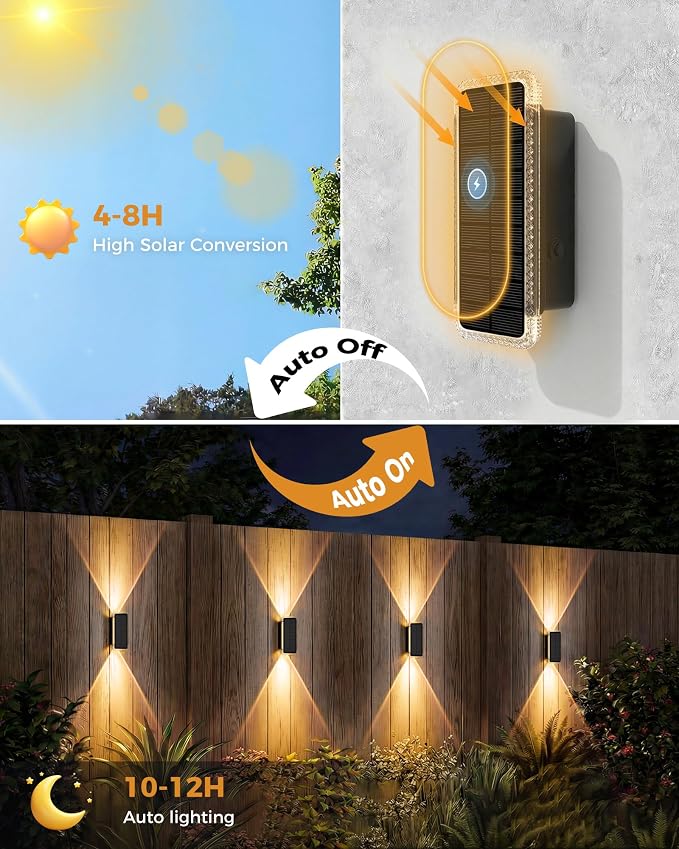 Solar Fence Lights Outdoor 12 Pack, 5CCT(3000K-6000K) Up and Down Solar Wall Lights, IP65 Waterproof Dusk to Dawn Wood Fence Lights Solar Powered for Patio, Porch, Backyard, Garage, Wall Decor