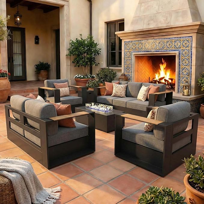 LayinSun 5 Pieces Aluminum Patio Furniture Set with Fire Pit Table, Oversized Outdoor Conversation Set 7 Seats with 6" Thick Cushions for Outside Porch, Balcony, Deck