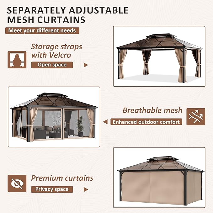 AirWire 12'x16' Hardtop Gazebo, Outdoor Polycarbonate Roof Canopy, Aluminum Frame Permanent Pavilion with Curtains and Netting, Sunshade for Garden, Patio, Lawns
