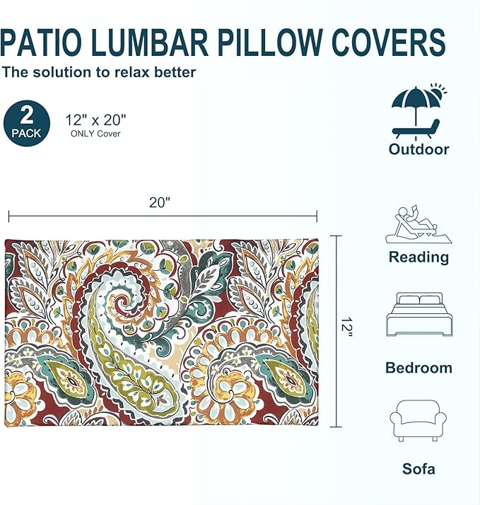 DYTXIII Pack of 2 Outdoor Waterproof Lumbar Pillow Covers ONLY, 12x20 Rectangle Decorative Double Printed Pillow Cases for Patio Couch Porch Furniture - Paisley Chilli