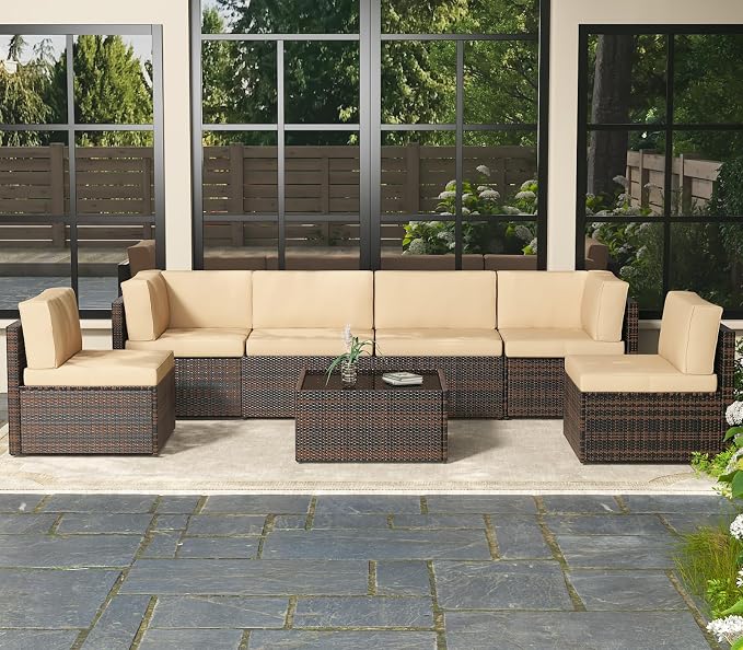 AECOJOY 7 Piece Outdoor Patio Furniture Set, Outdoor Sectional Conversation Furniture Chair with Coffee Table,Patio Sectional for Garden,Backyard(Khaki Cushions and Brown PE Rattan, with Cover)