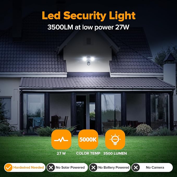 UME LED Security Light Motion Sensor Outdoor Lights, 27W 3500LM, 5000K, IP65 Waterproof, Dusk to Dawn, 2 Head Motion Detector Flood Light for Outside, Garage, Yard (Black)