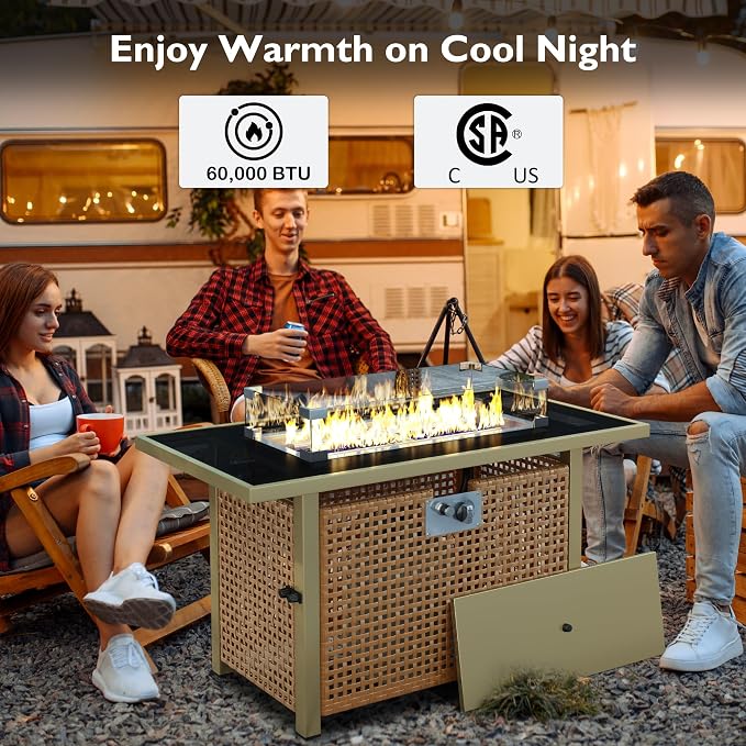 43" Propane Gas Fire Pit Table, 60000 Btu Rectangular Open Weave Wicker Fire Pit with Glass Wind Guard for Outside Patio Deck Garden Backyard - Orange & Mustard Yellow