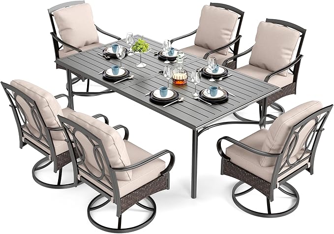 SUNSHINE VALLEY 7 Piece Patio Dining Sets for 6, Outdoor Table and Chairs with Cushioned Wicker Swivel Patio Chairs & Black Dining Table (1.57-1.9”Umbrella Hole), Outdoor Dining Sets for Lawn Backyard