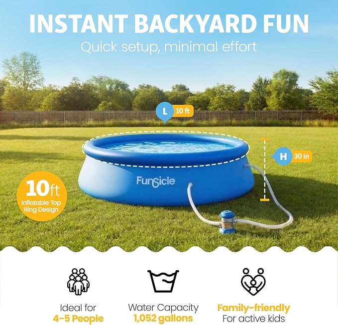Funsicle Quickset 10' x 30" Round Above Ground Swimming Pool, with FiltraBoost 400 GPH Filter Pump, Type I Filter Cartridge & Repair Patch