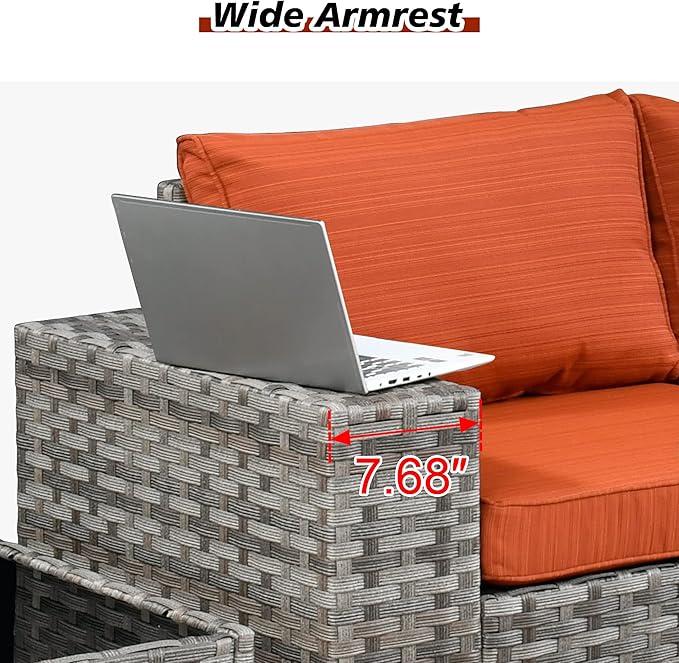 HOOOWOOO Outdoor Patio Sectional Furniture Sofa Set with Propane Fire Pit Table,13 Piece Large Modern Wicker Couch with Widened Armrest,Modular L Shaped Conversation Seating Set(Orange Red)