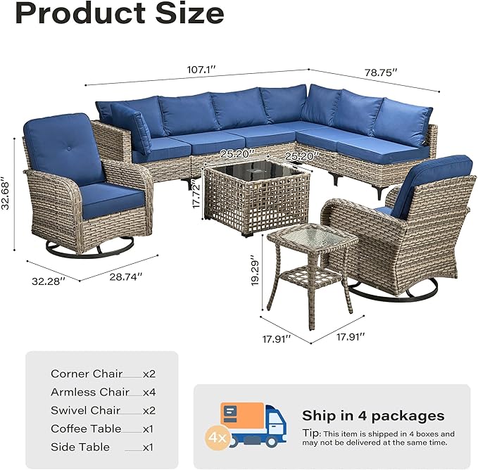 10 Pieces Outdoor Sectional Patio Furniture Set with Swivel Rocking Chairs,Wicker Conversation Sets Rattan L Shaped Couch,Modular Outdoor Sofa for Porch Balcony Backyard Navy Blue