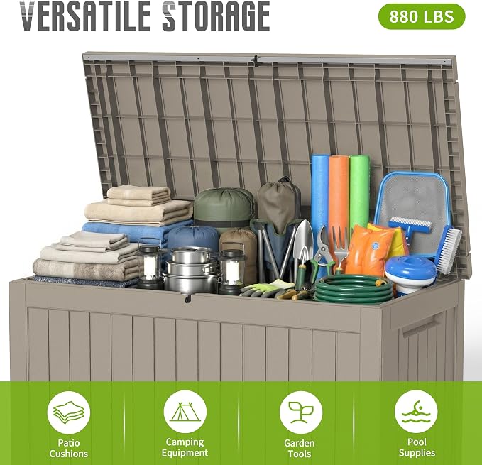 DRATO 280 Gallon Deck Boxes Outdoor Waterproof, Resin Large Lockable Storage Box with Lid, Outdoor Storage Bench Patio Cushions Furniture, Garden Tools, Pool Accessories (Grey, 280 Gallon)