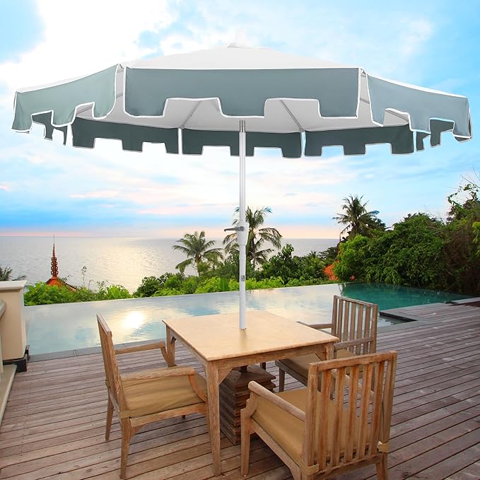 JONATHAN Y Baiona 9 ft. White/Green Outdoor Patio Umbrella with Crank Lift and Tilt, 8 Ribs UV-Resistant Market Table Umbrella with Square Trim for Pool, Deck, Coastal, White Pole UMB1000D