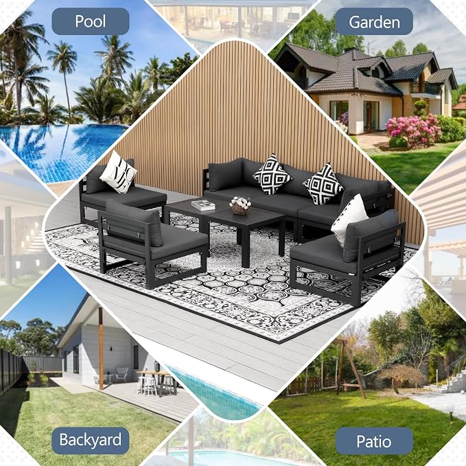 RADIATA 8 Pcs L Shaped Contemporary Aluminum Outdoor Furniture Set, 29" Deep Wide Couch Set for 500 lbs High Weight Capacity, Large Modular Patio Sectional Sofa with Coffee Table for Garden, Dark Grey