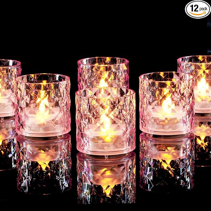 Homemory 2" x 2" Acrylic Votive Candle Holders with Auto Timer Flameless Led Tealight with, Battery Powered Fake Electric Candles for Wedding Centerpiece, Table, Christmas Decor (12Pack, Pink Base)