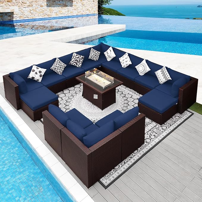 NICESOUL 15 Piece Outdoor Sectional with Fire Pit Table, Modern Luxury Patio Deep Seating w/Firepit, 29.3'' High-Back Wicker Couch Thick, Big High-Weight Capacity Sofa for Garden, Yard, Brown & Blue