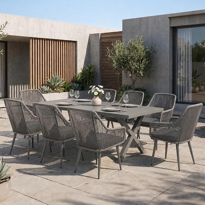 Patiorama 9-Piece Outdoor Patio Dining Set, Patio Dining Table Chair Set for 8, Patio Wicker Dining Furniture Set with 76'' Aluminum Rectangular Dining Table & Twisted Rattan Chairs for Garden, Grey