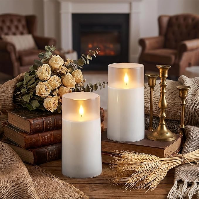 Homemory 3"×6" Battery Candles with Remote & Timer, White Acrylic Realistic Flickering LED Pillar Candles, Waterproof Fake Candle for Home and Lantern Decor, Set of 2