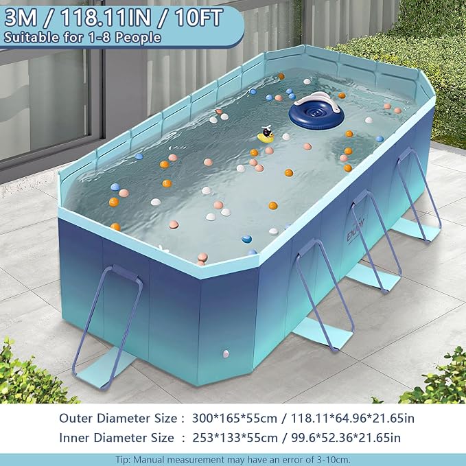 Foldable Swimming Pool, Rectangular Above Ground Swimming Pool for Outdoor Family Square Pool with Drain Plug and Drain Hole, Easy to Assemble Pool for Backyard Dog Pools (3m / 118 * 65in)