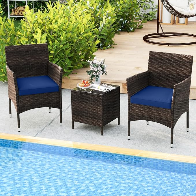 RELAX4LIFE 3-Piece Patio Furniture Set - Rattan Wicker Outdoor Conversation Set w/Cushions & Glass Coffee Table, Balcony Furniture for Porch Garden Backyard, Bistro Table and Chairs Set of 2 (Navy)