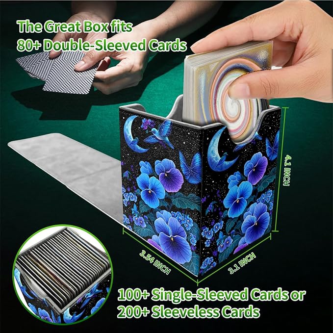Deck Box for MTG, Cards Storage Box Fits 120+ Sleeved, Leather Medium Size Strong Magnetic Closing Card Case for Board Games Magic TCG CCG Baseball Collection, Blue Flower Bird