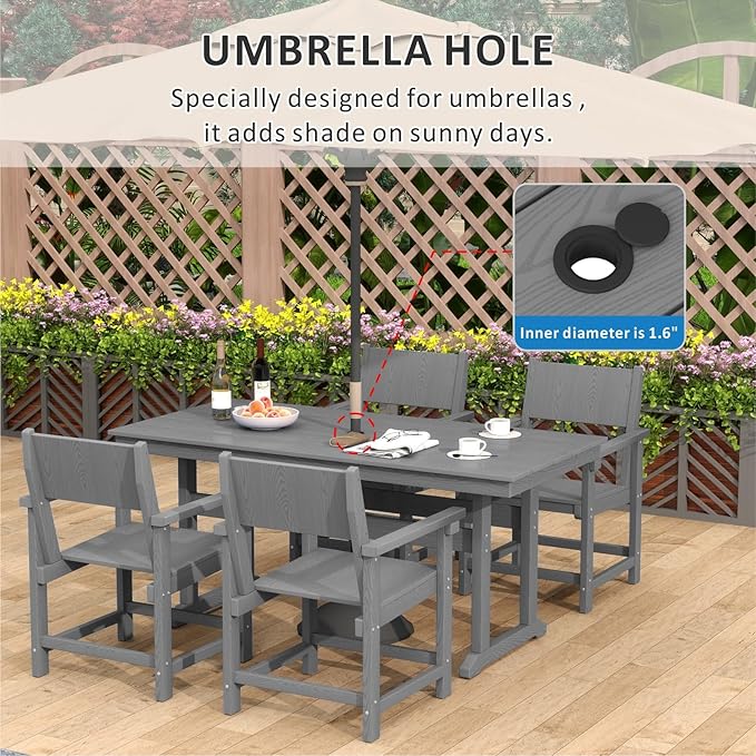 5-Piece HDPE Outdoor Patio Dining Set,Outdoor Table and Chairs,Modern Plastic Dining Sets with Umbrella Hole Cut-Out Table and 4 Chairs Gray