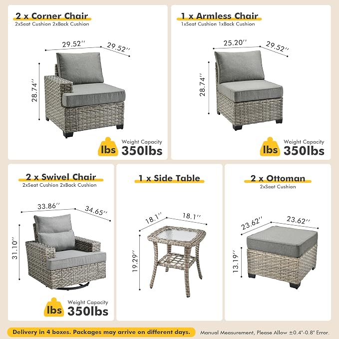 Patio Outdoor Furniture Set - All Weather Wicker Modular Sectional Sofa Couch,Patio Seating Outdoor Conversation Sets for Deck Yard Garden (Dark Grey, 8 Pcs w/Swivel Glider)