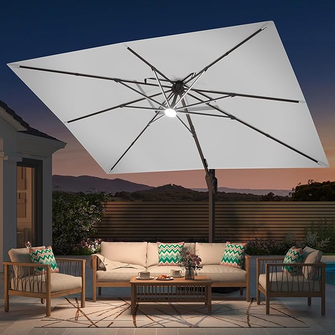 10' X 13' Patio Umbrella with Weighted Base and LED Lights Outdoor Cantilever Large Rectangle Offset Umbrellas Heavy Duty Aluminum Double Top with 360-degree Rotation for Pool Garden Deck, Fog Grey