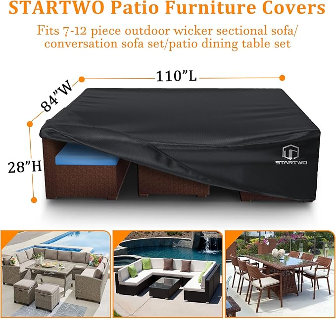 STARTWO Outdoor Furniture Covers Waterproof,Sofa,Table and Chairs General Purpose Patio Furniture Covers with Elastic Hem and Air Vents 110L x 84W x 28H inch（Black)
