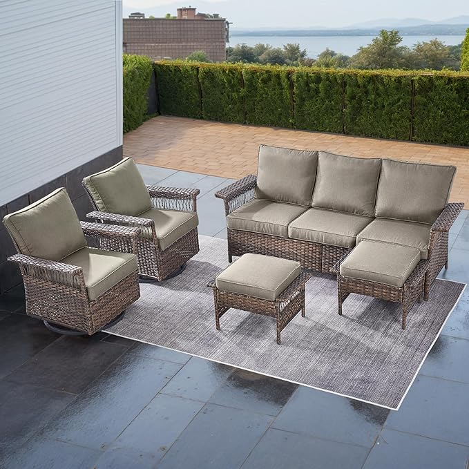 Outdoor Wicker Patio Furniture Set - 5 Piece Rattan Patio Conversation Sets with 2 Rocking Swivel Chairs,2 Ottomans and 1 Sofa for Porch Deck Garden Backyard(Brown/Grey)