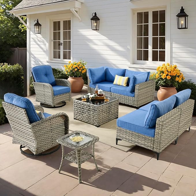 Outdoor Patio Furniture Sets, 8 PCS Patio Conversation Set Outside Rattan Sectional Sofa with Wicker Rocking Chairs Coffee Table Soft Cushion Fit Backyard Porch Garden Poolside Balcony