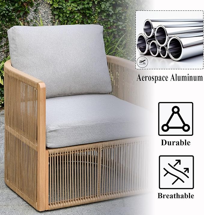 2-Seater Rope Sofa Set with Table, Outdoor Loveseat Patio Rope Chairs Set of 2, Rope Patio Furniture Set, Outdoor Deck Chair with Cushions, Aluminum Outdoor Sofa Sets in All Weather, Grey