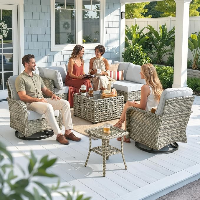 CAODOC Outdoor Sectional Patio Furniture Set,8 Pieces Wicker Conversation Sets L Shaped Couch,Out Door Sofa Outside Furniture with Swivel Chairs,Gray