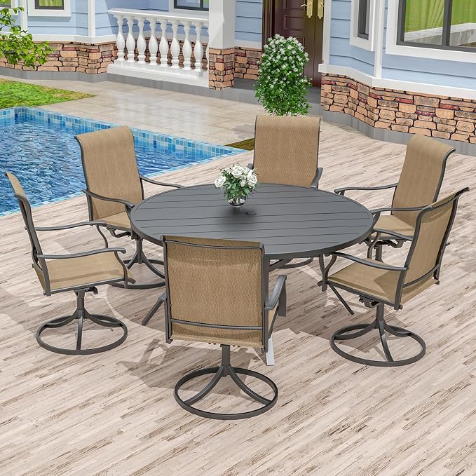 Anmutig 7 Piece Outdoor Patio Dining Set with 6 Swivel Dining Chairs & 54" Round Dining Table, All Weather Dining Furniture Set for Lawn Garden Brown