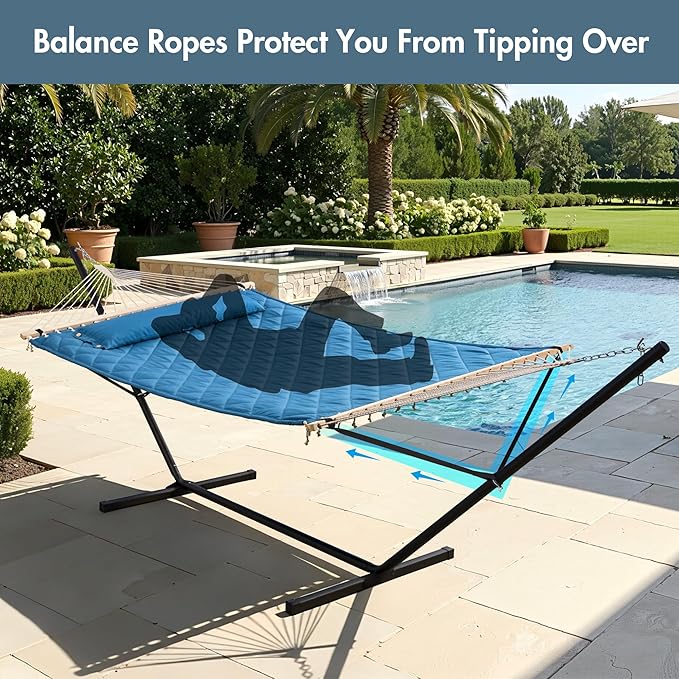 ANOW Double Hammock with 12 Feet Heavy Duty Steel Stand Combo, 2 Person Quilted Hammock with Stand for Outside, 450 LBS Weight Capacity, Blue