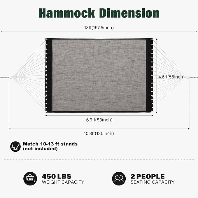 FT Quick Dry Olefin Hammock - Outdoor Double Hammock with Metal Curved Spreader Bars - 450 lbs Capacity