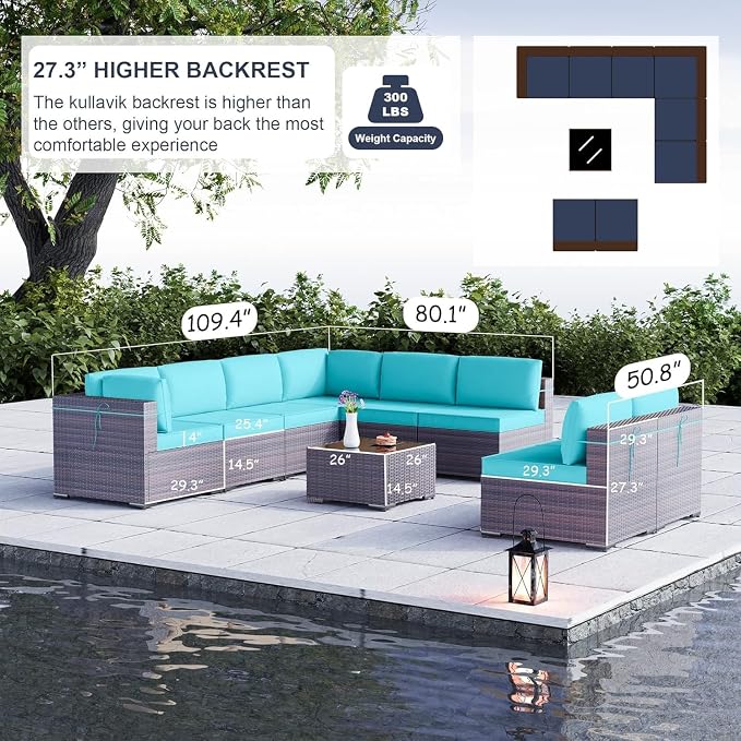 9 Pieces Outdoor Patio Furniture Set Brown Rattan Sectional Sofa with Manual Wicker, Cushions and Covers, Tempered Glass Tea Table Patio Conversation Set for Backyard Garden Lounge(Red)