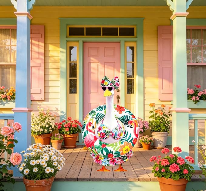 Porch Goose Outfits Summer Swimsuit - 5-Piece Large Lawn Goose Clothes with Bikini, Bow Headband, Star Sunglasses, Swim Ring & Pump, Outdoor Yard Decor