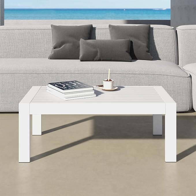 Kiss the Water Aluminum Patio Coffee Table – All-Weather Outdoor Table with Sturdy Metal Frame, Perfect for Backyard, Porch, Garden, Poolside, and Balcony, White