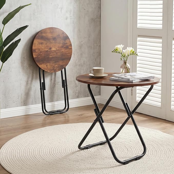 VECELO 17.7" Small Folding Table, Round Patio Outdoor Side Snack Table, Waterproof Foldable Wood End Table with Anti-Rust Metal Legs for Living Room Bedroom Garden Yard Balcony Porch