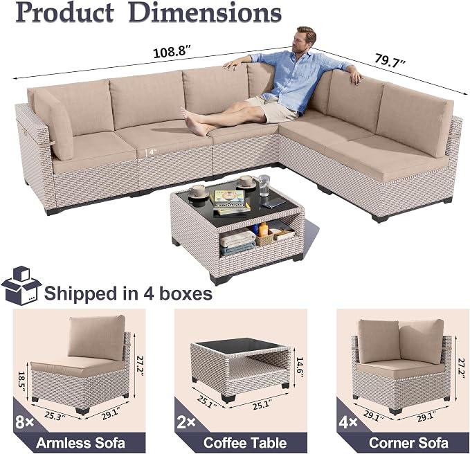Patio Furniture Set, 14-Piece Outdoor Sectional Sofa with 2-Layer Glass Coffee Table, Wicker Patio Conversation Set with Khaki Cushions for Backyard, Poolside, Porch