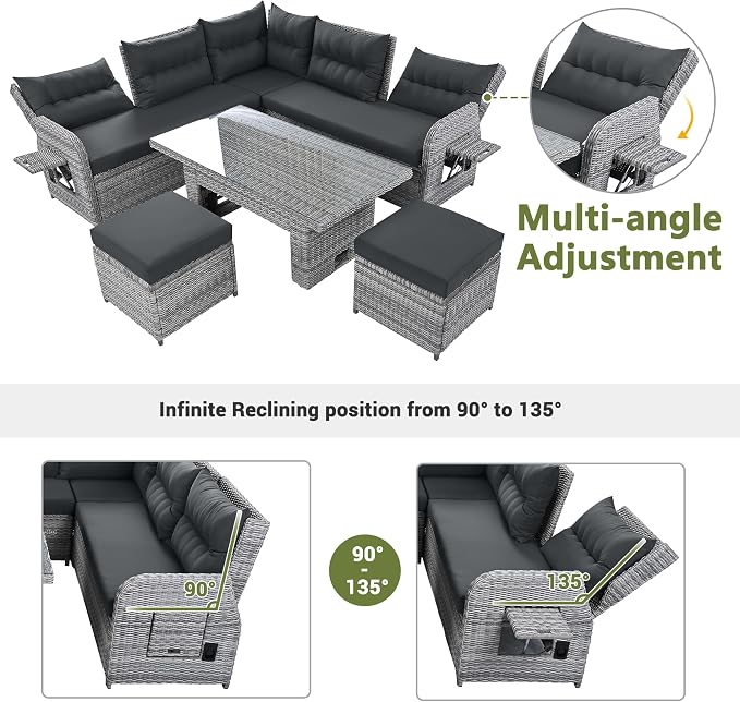 Outdoor Patio Rattan Sectional Sofa Set with Adjustable Height Table and 2 Ottomans, All-Weather Conversation Sets with Seats Side Tables and Adjustable Backrest for Garden Backyard (Grey-2.19)