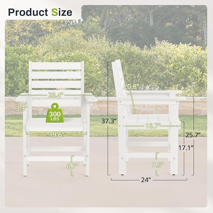 Outdoor Dining Chairs Set of 2, All Weather HDPS Patio Dining Chairs, Heavy Duty Outdoor Chair with Armrest for Backyard Deck Porch, White