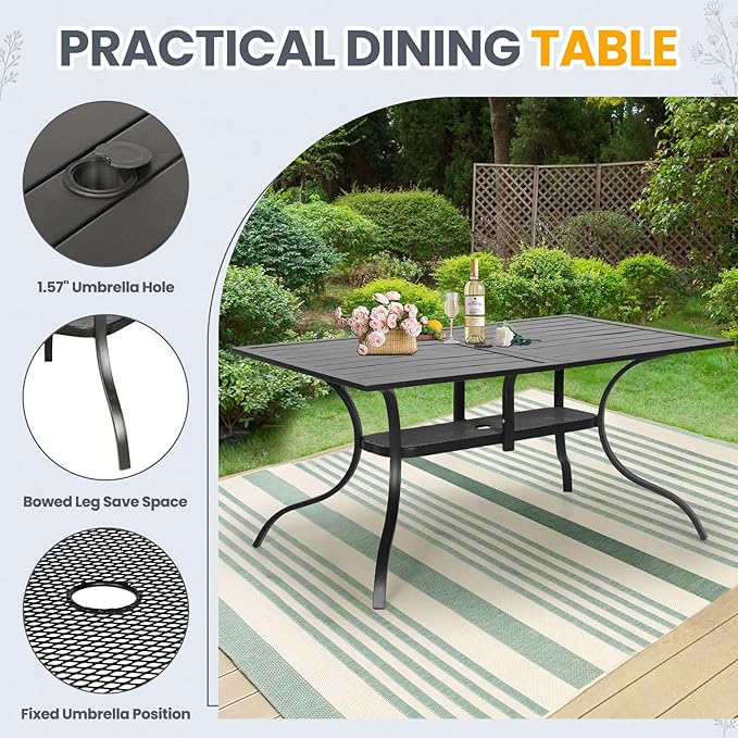 7-Piece Patio Dining Set,6 Person Outdoor Table and Chairs Set, 6 Metal Dining Chairs and Rectangular Outdoor Table with 1.57" Umbrella Hole,Blue