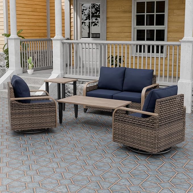 Modern Wicker Patio Furniture Set, Rattan Outdoor Conversation Set with Comfortable Cushions, 2 Swivel Rocing Chairs, 2 SeatLoveseat, Coffee Table and Side Table, 5 Pieces, Brown/Blue