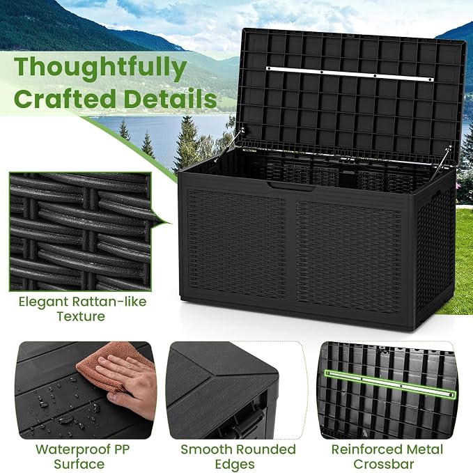 Giantex 100 Gallon Resin Outdoor Storage Box, Waterproof Deck Box w/Lockable Lid & Wheels, Rattan Storage Container Bench for Patio Cushions, Pool Accessories, Gardening Tools, 440 lbs (Black)