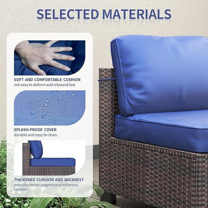 7 Piece Patio Furniture Set, All-Weather PE Wicker Sectional Sofa with Tempered Glass Coffee Table - Outdoor Conversation Set for Poolside, Garden, Porch in Brown + Blue