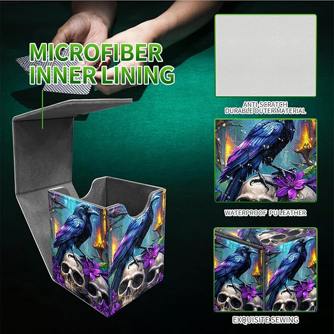 Deck Box for MTG, Cards Storage Box Fits 120+ Sleeved, Leather Medium Size Strong Magnetic Closing Card Case for Board Games Magic TCG CCG Baseball Collection, Purple Flower Eagle