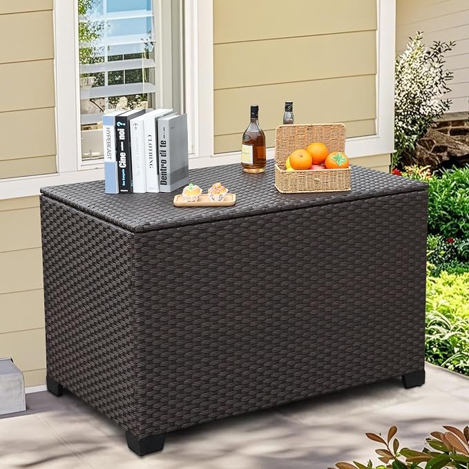 Lviden 140 Gallon Outdoor Storage Box Wicker Patio Storage Bin with Waterproof Lining Bag Deck Box and Cushion Storage Bin Outdoor, Brown