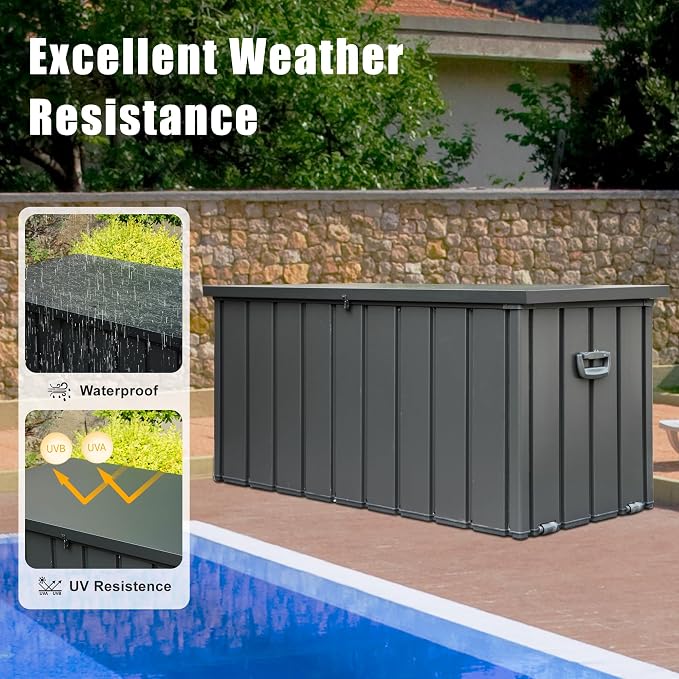 Domi Deck Box 160 Gallon Outdoor Storage Box, Large Metal Storage Cabinet Waterproof Lockable Container for Patio Furniture Cushions Garden Tools Pool-Supplies, Grey