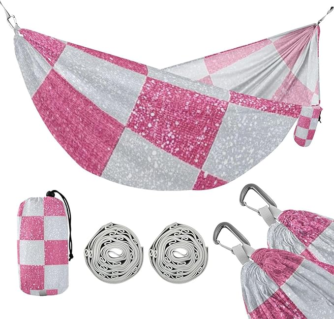 Fake Glitter Checkerboard Squares White Pink 330lb Capacity Outdoor Hammocks with Tree Straps Fabric Hammock for Camping Travel Accessories hamacas para adultos 2 Personas